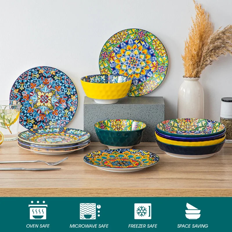 12/16/24 Piece Malacasa Bohemia Retro Ceramic Dinnerware Set