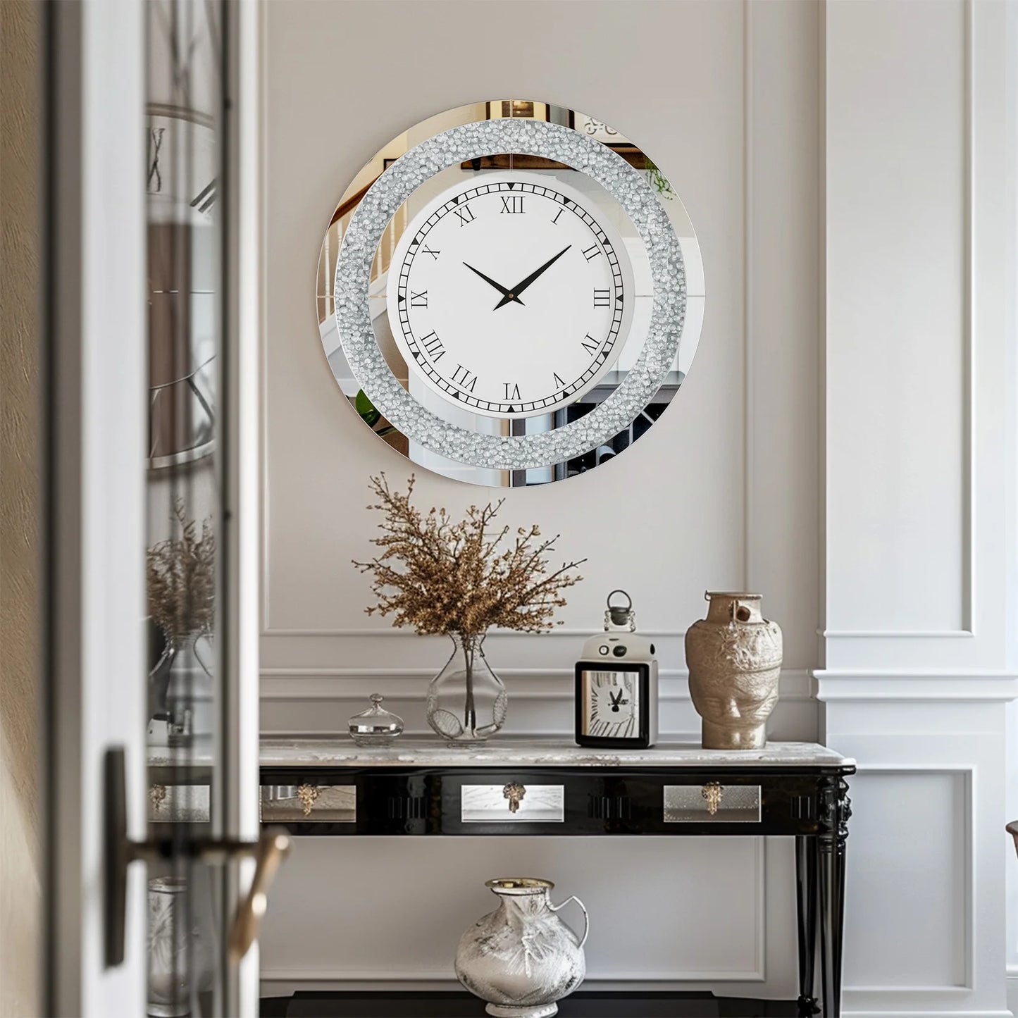 24inch Crystal Sparkle Crush Diamond Large Mirrored Wall Clock