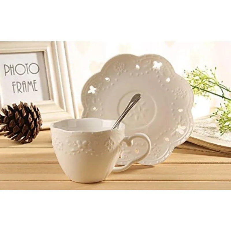 White Porcelain 5OZ- Tea Cup and Saucer with Spoon, Set of 6 (6 Tea Cup Set With Bracket)