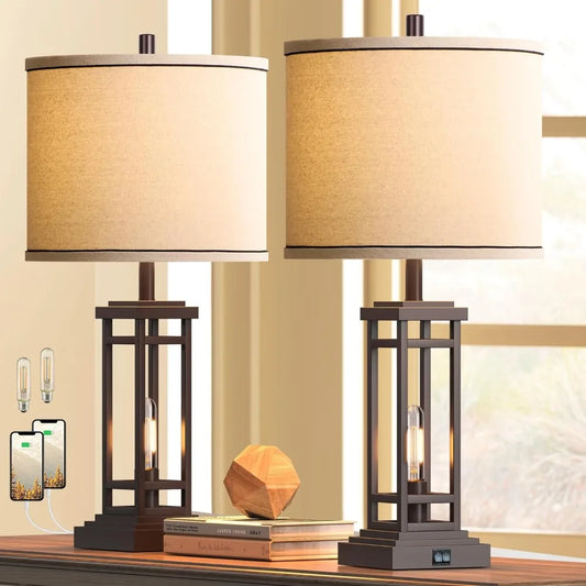 27.5 Tall Farmhouse Table Lamps with USB C + USB A Charge Ports, Set of 2