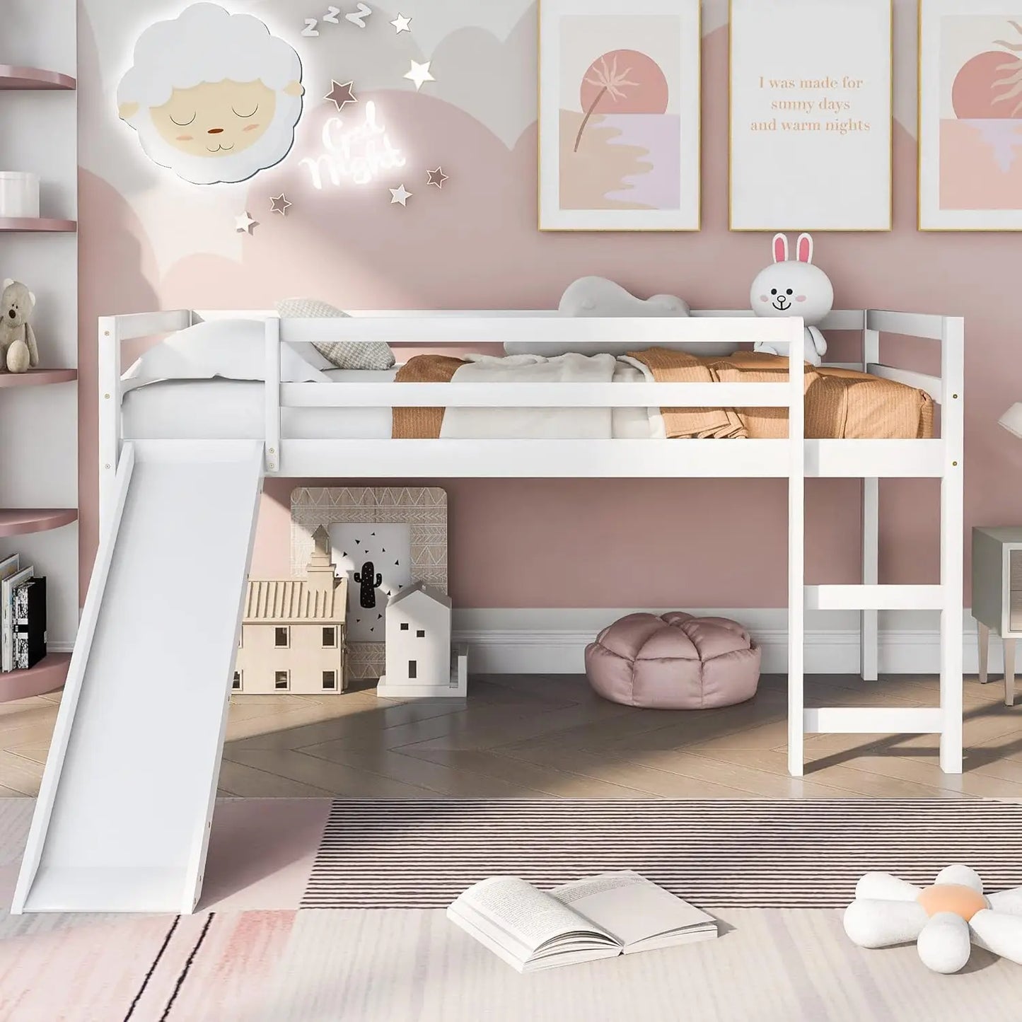 Multifunctional Design Twin Loft Bed with Slide and Ladder for Kids