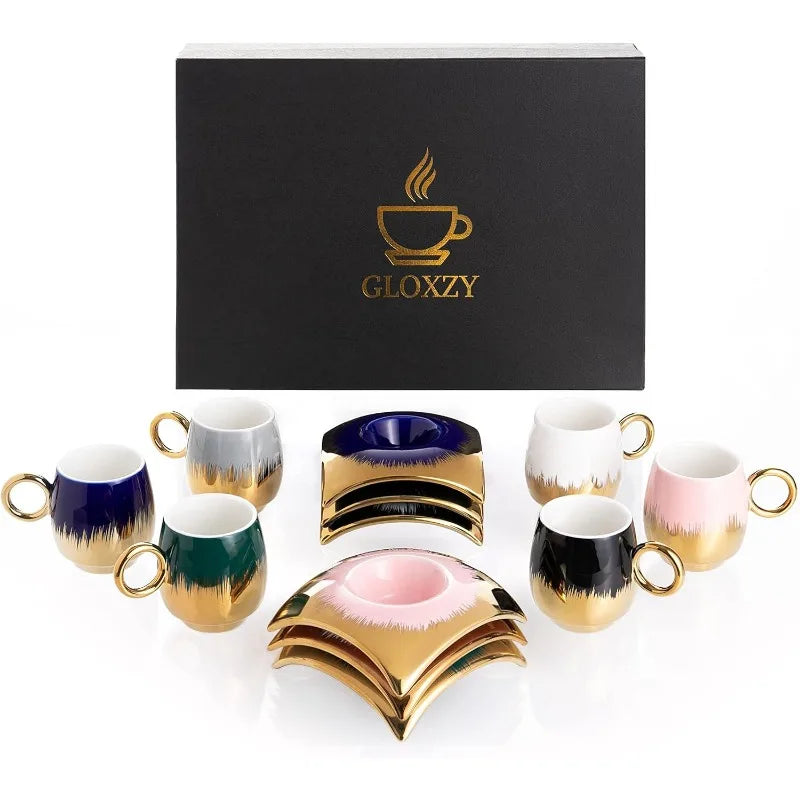 Turkish Coffee Cup Set of 6 with Saucers & Tray - Luxury Arabic Greek Japanese Marble Ceramic Tea Cups for Espresso, Cappuccino