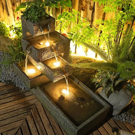 32.5-inch Long Layered Fountain Outdoor Garden Waterfall with LED Lights