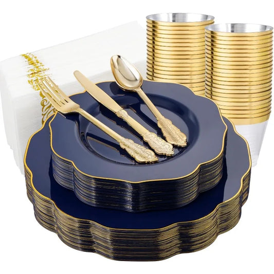 175PCS Plastic Plates - Heavy Duty Disposable Plates with Gold Rim Include 25 Dinner Plates, 25 Cups, 25 Napkins, 75 Cutlery