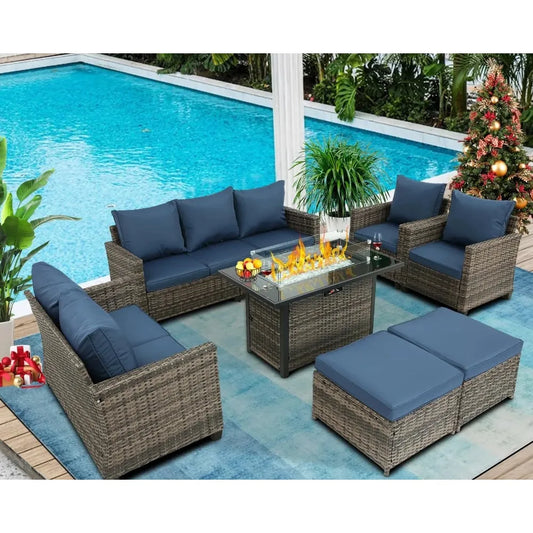 Rattan Outdoor Balcony Sofa Set with 44" Propane Gas Fire Pit Table