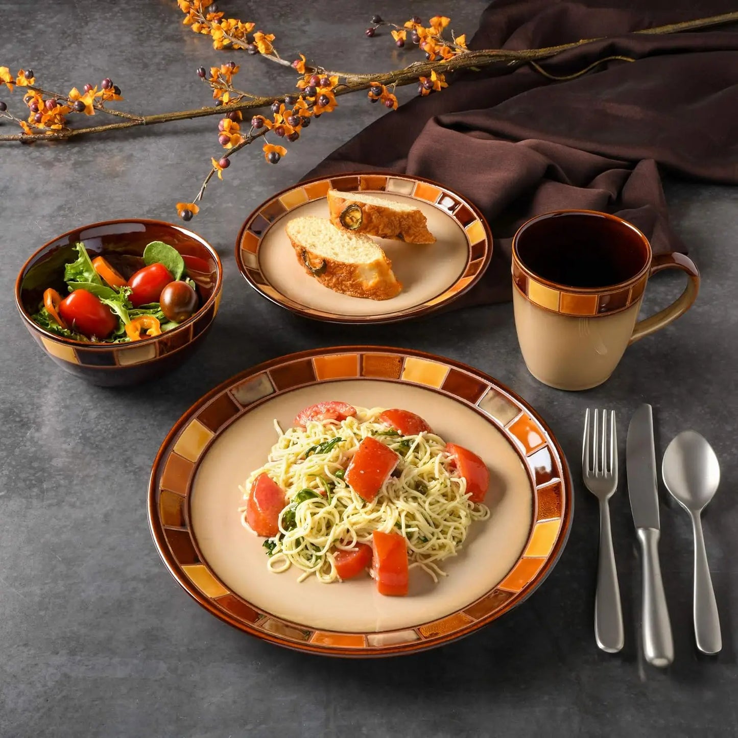 16-piece Ceramic Dinnerware Set, Service for 4- Beige and Brown, Dishwasher and Microwave Safe