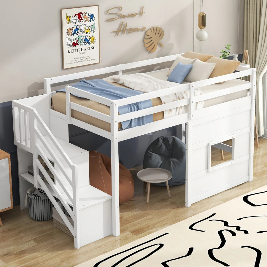 Loft bed with Storage Staircase, Full-Length Guardrails &Sturdy Wood Frame