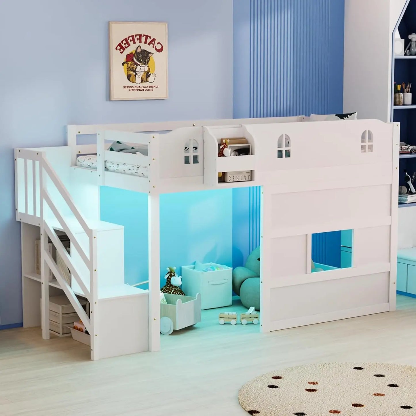 Twin Low Loft Bed with Led Light, with Castle Guardrail and Window, Book Rack, Smart APP Control