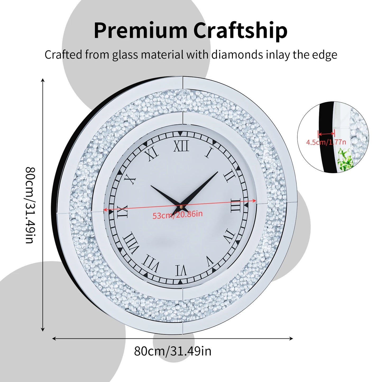 60/80CM Sparkle Bling Round Mirrored Wall Clock