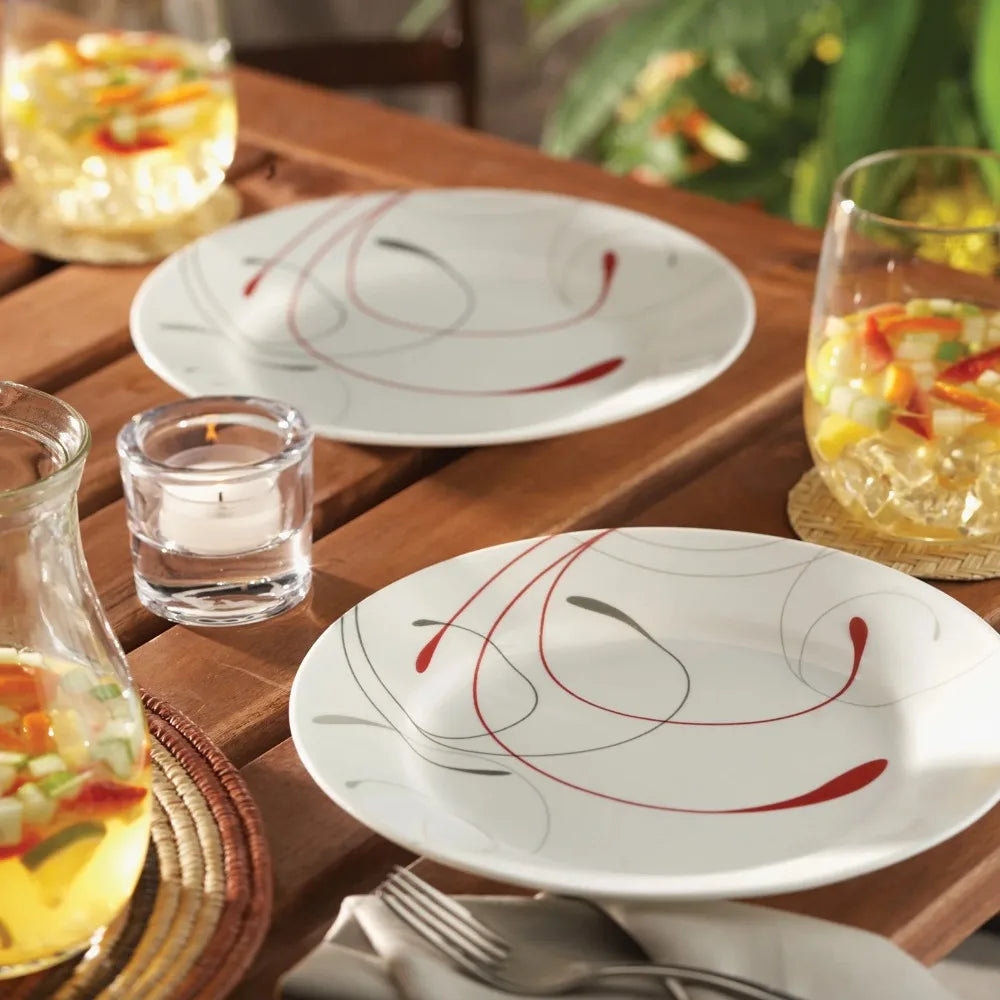 White and Red Round 12-Piece Dinnerware Set