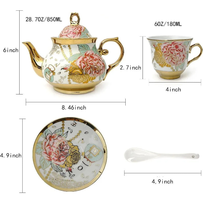 Gold Plated Red Rose Ceramic Vintage Tea Set, with Teapot