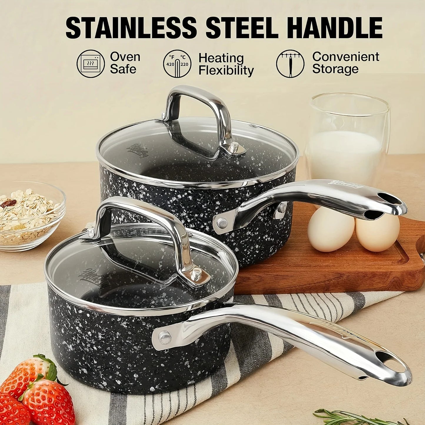 3-Piece Saucepan Set with Glass Lids, Natural Durable Granite Coating, Nonstick, Durable & Oven Safe to 450°F