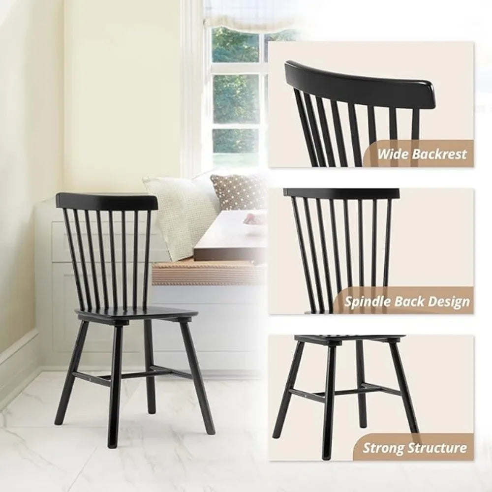 Set of 4, Spindle Back Wooden Chairs for Kitchen and Dining Room, Black