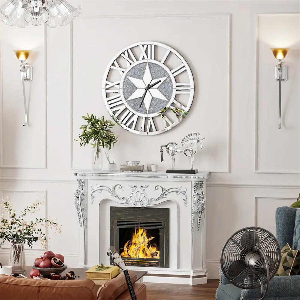 Battery Operated Decorative Silver Glass Crush Diamond Wall Clock with Roman Numerals