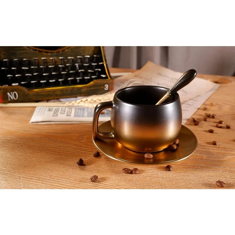 Black Gold European Style Ceramic Coffee Mug Set With Spoon & Saucer