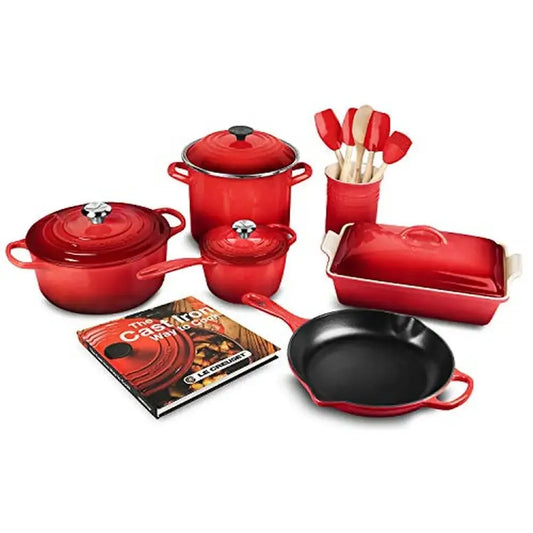 16-Piece Cookware Set with Saucepan, Dutch Oven, Skillet, Stock Pot, Rectangular Dish, Cookbook, Silicone Utensils & Wood Spoon.