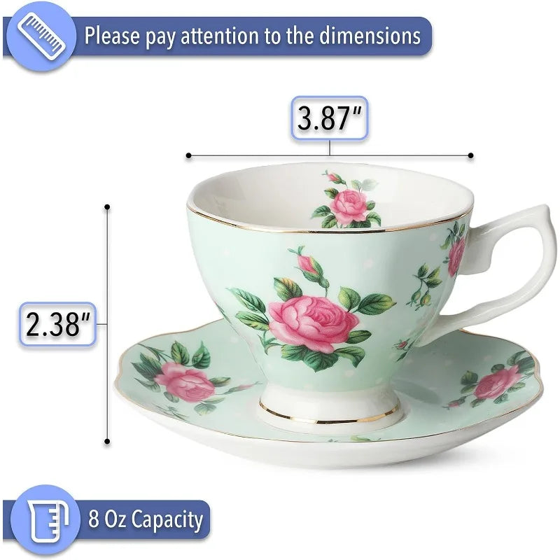 Set of 8 (8 oz), Floral Tea Cups and Saucers, Multi-Color with Gold Trim and Gift Box