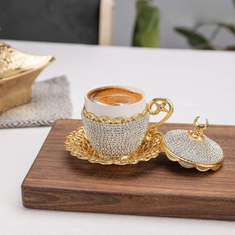 Crystal Gold Turkish Greek Arabic Espresso Cups and Saucers Set