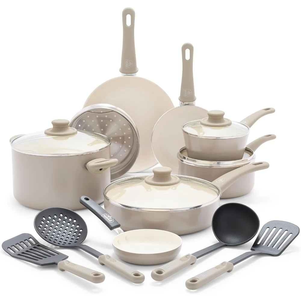 Soft Grip 16 Piece Ceramic Nonstick Cookware Set, Non-Toxic PFAS-Free Frying