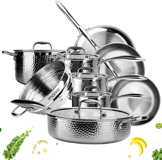 14 Piece Tri Ply Hammered Stainless Steel Professional Induction Cookware Set