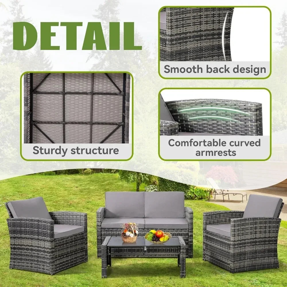 4 Piece Outside Rattan Sectional Sofa, Cushioned Furniture Set