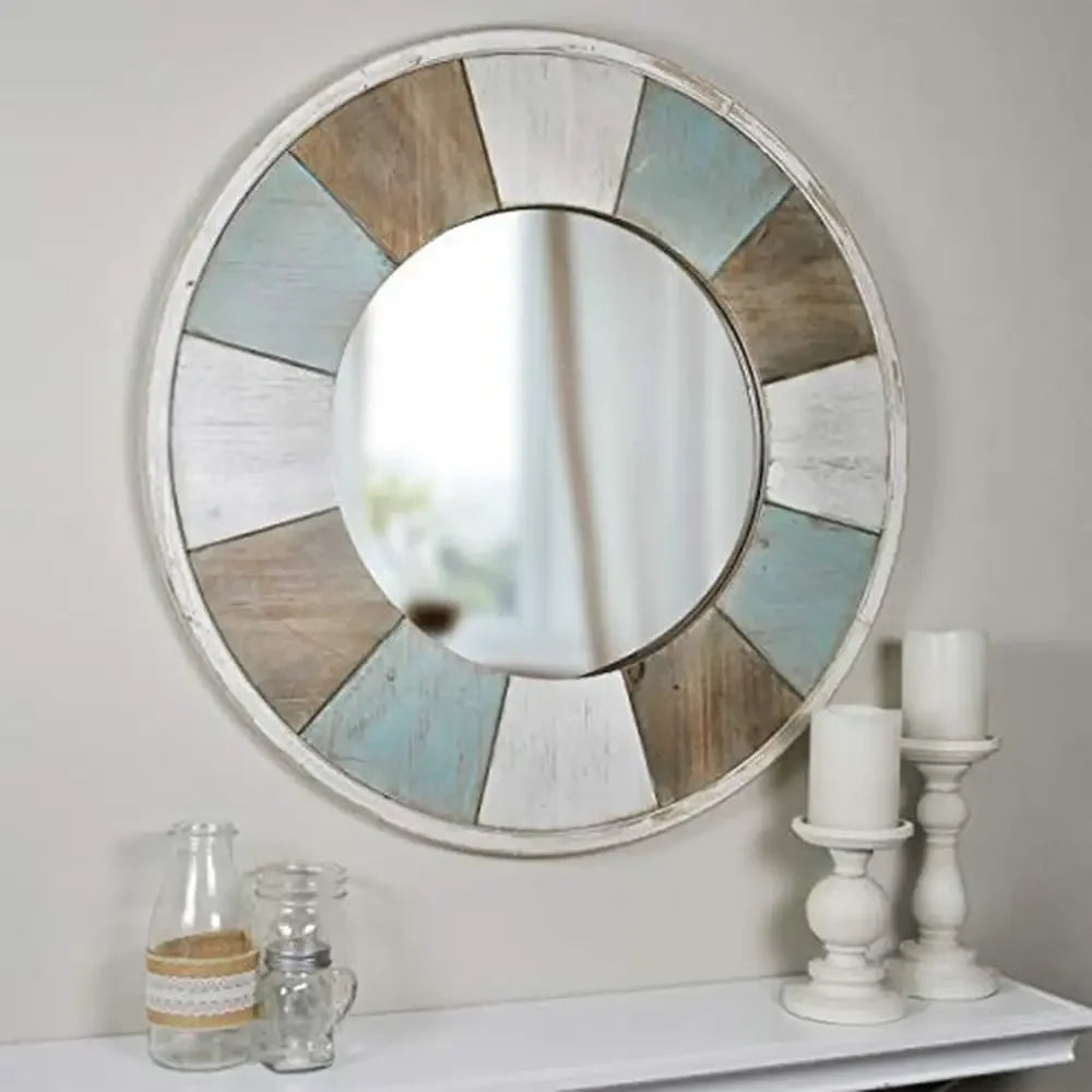 27" Round Distressed Teal White Brown Wall Mirror