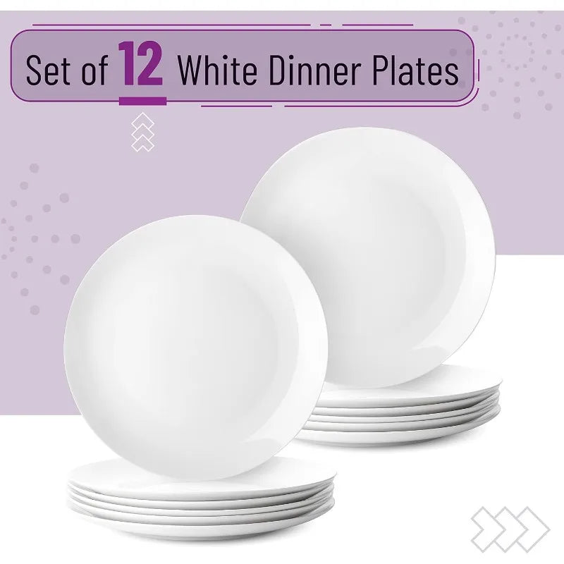 Set of 12, White Porcelain Dinner Plates, 10.5"