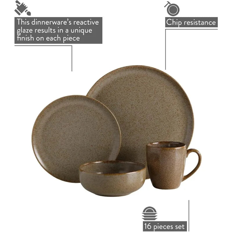 16-piece Earthenware, Natural, Ceramic Sets for 4, Microwave and Dishwasher Safe