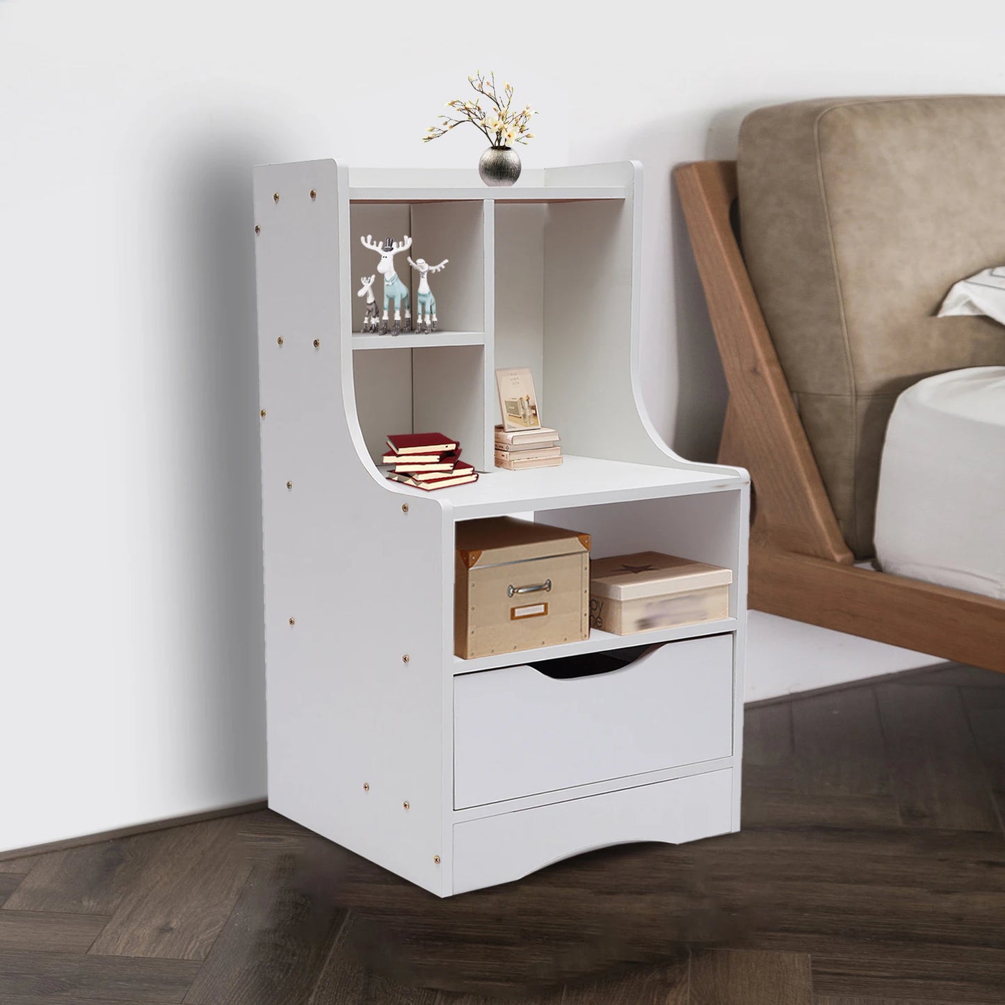 Free-Standing Wood Nightstand with Drawer and Open Shelf