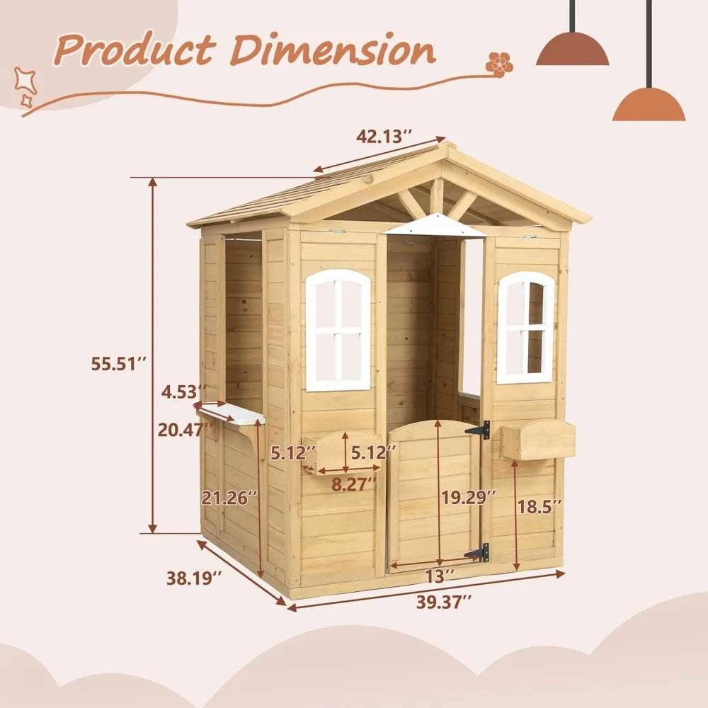 Country Style Playhouse with Working Door, Service Stations, Natural,39" L X 38" W X 55.5" H