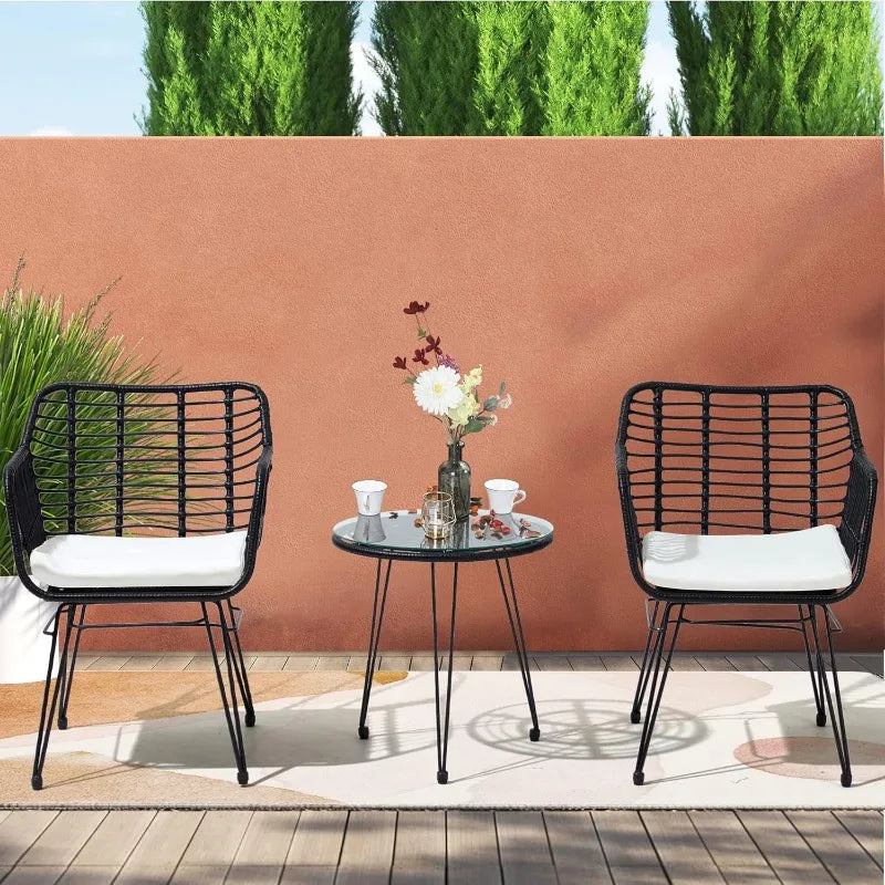 3 Pieces Wicker Patio Bistro Furniture Set, Includes 2 Chairs and Glass Top Table