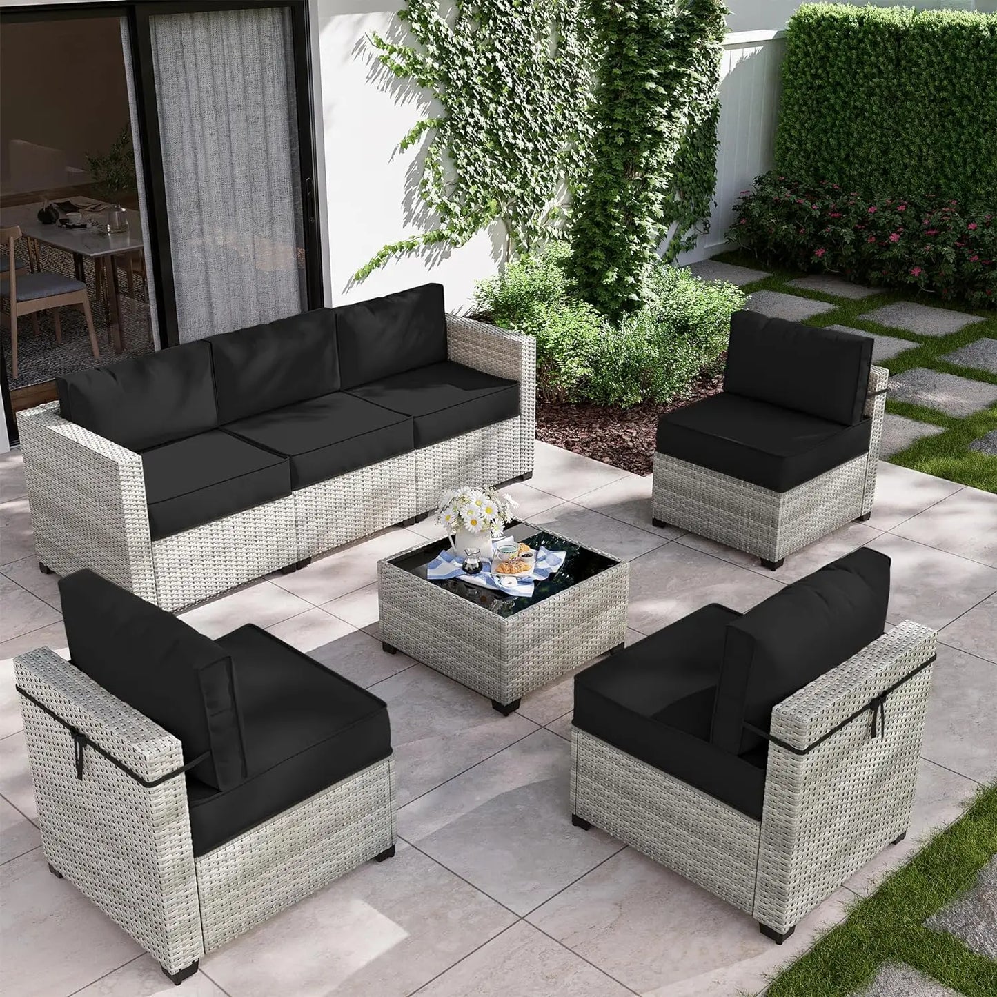 8 Piece Wicker Patio Furniture Set Includes 4 Center Sofas, 2 Corner Sofas, 1 Gas Fireplace Table, And A Tempered Glass Coffee Table