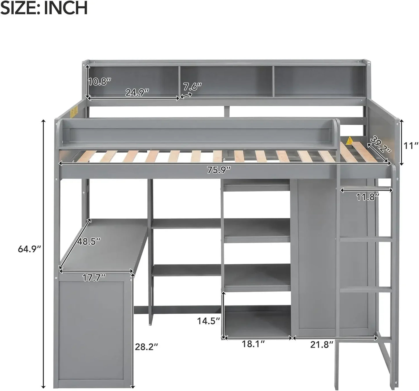 Solid Wood High Loft Bed Frame with Desk & Wardrobe