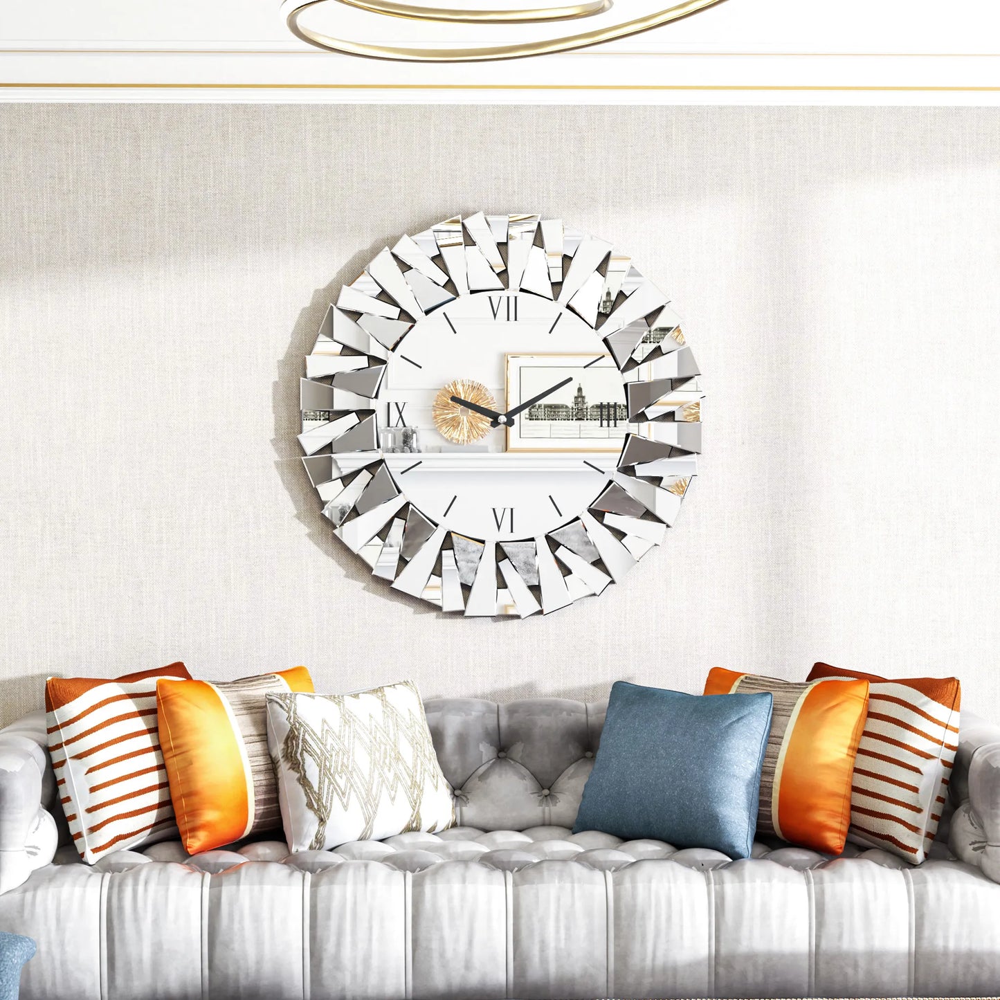 32 Inch Round Beveled Glass Edge Wall Mirror with Clock