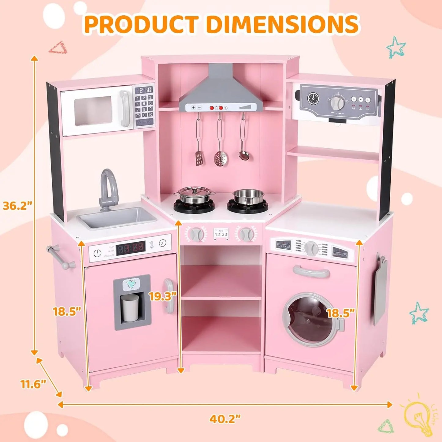 Wooden Pretend Toy Kitchen Playset w/Washer, Range Hood w/Light & Sound