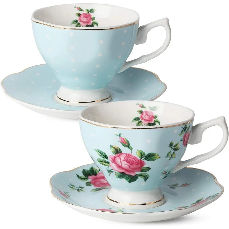 Floral Tea cups (8oz), Tea Pot (38oz), Creamer and Sugar Set, Gift box, Cups and Saucer Set