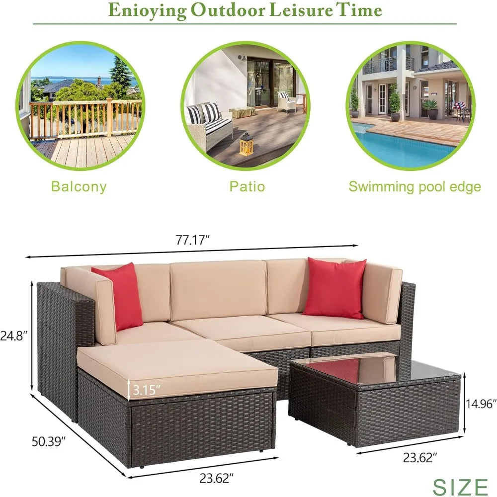 5 Piece All-Weather Brown PE Wicker Patio Furniture Set