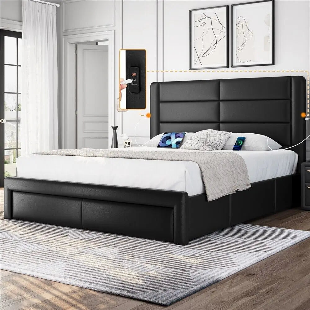 Queen/King Upholstered Bed Frame with Drawers Storage and Built-In USB Ports