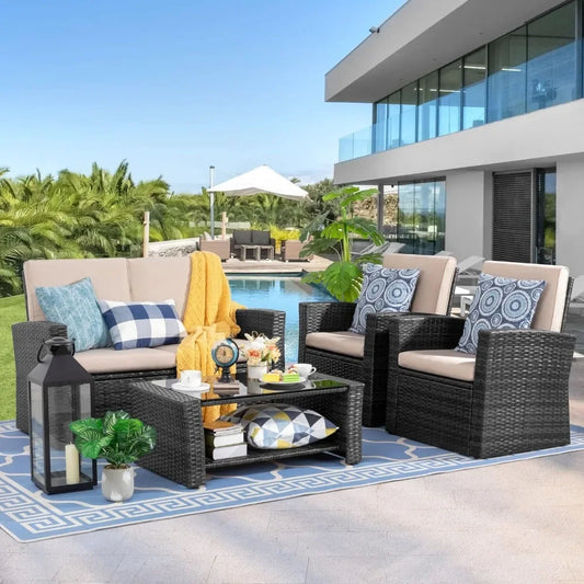 4-Piece Outdoor Wicker Rattan Sectional Sofa with Glass Coffee Table