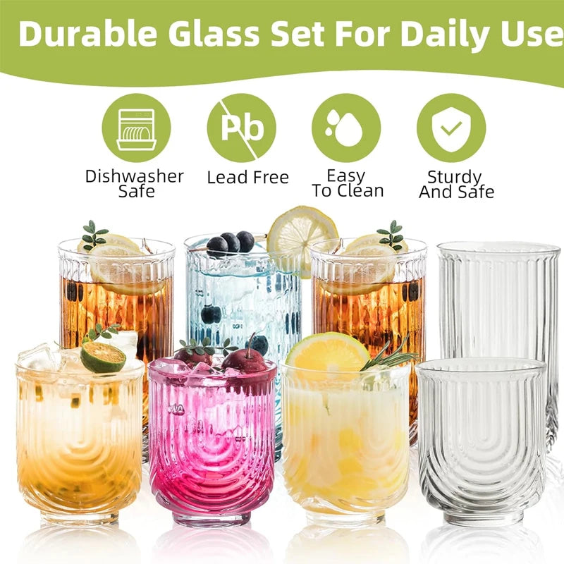 8 Pieces 14/12OZ Art Deco Highball Ribbed Drinking Glass Set