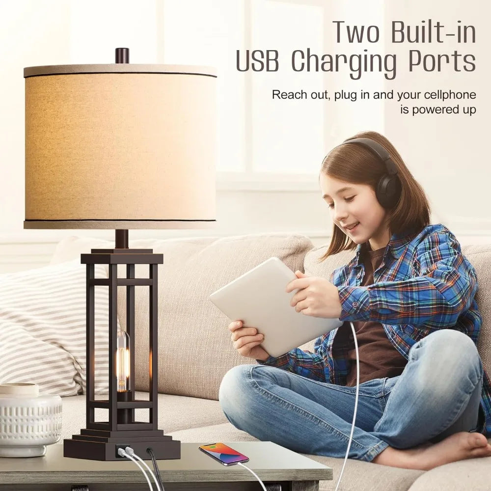 27.5 Tall Farmhouse Table Lamps with USB C + USB A Charge Ports, Set of 2