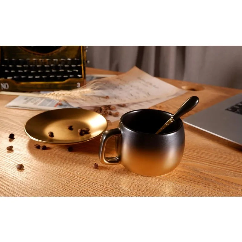 Black Gold European Style Ceramic Coffee Mug Set With Spoon & Saucer