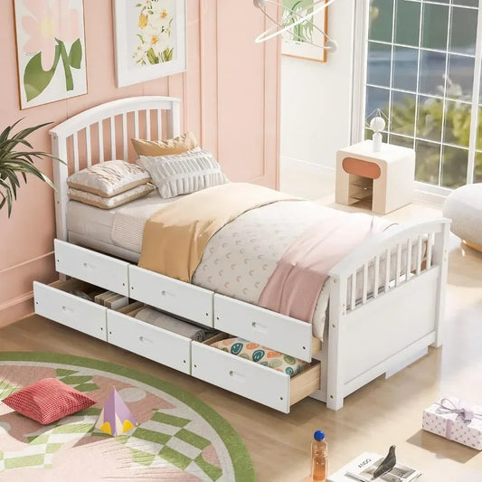 Twin Size Solid Wood Platform Storage Bed with 6 Drawers