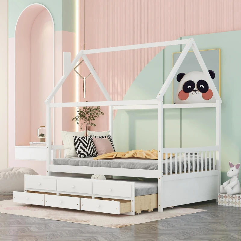 Full Size, Roof Design, Wood House Bed Frame, for Kids