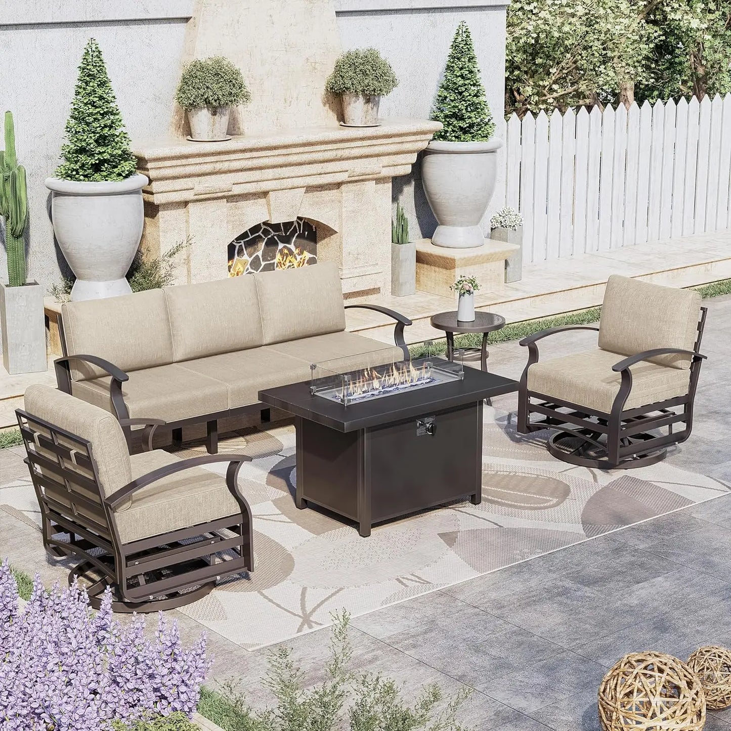 5-Seat Aluminum Outdoor Conversation Sets w/45in Propane Fire Pit Table,