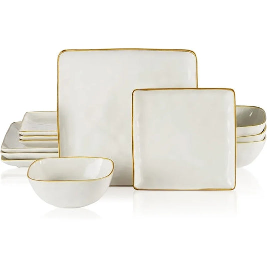 Ocean Square 12-Piece Kitchen Plates and Bowls Sets, Microwave and Dishwasher Safe, Scratch Resistant,