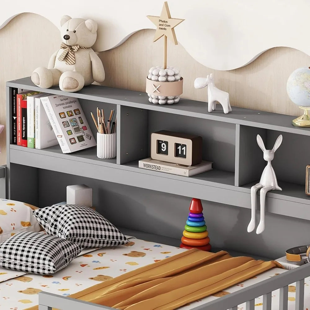 Easy To Assemble Kids Floor Bed with Bookcase and Shelves