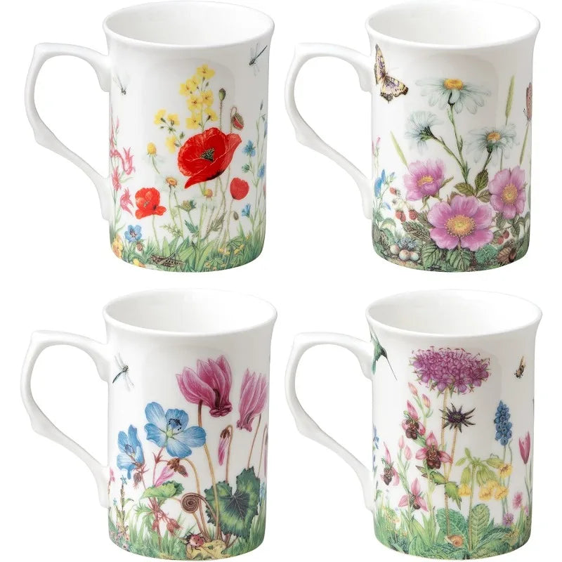 Bone China Coffee Tea Mugs 9-Ounce, Assorted Set of 4 (Meadow)