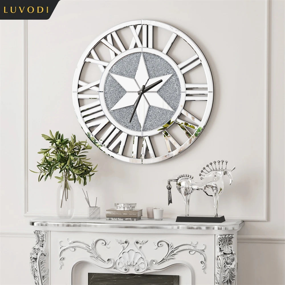 Battery Operated Decorative Silver Glass Crush Diamond Wall Clock with Roman Numerals