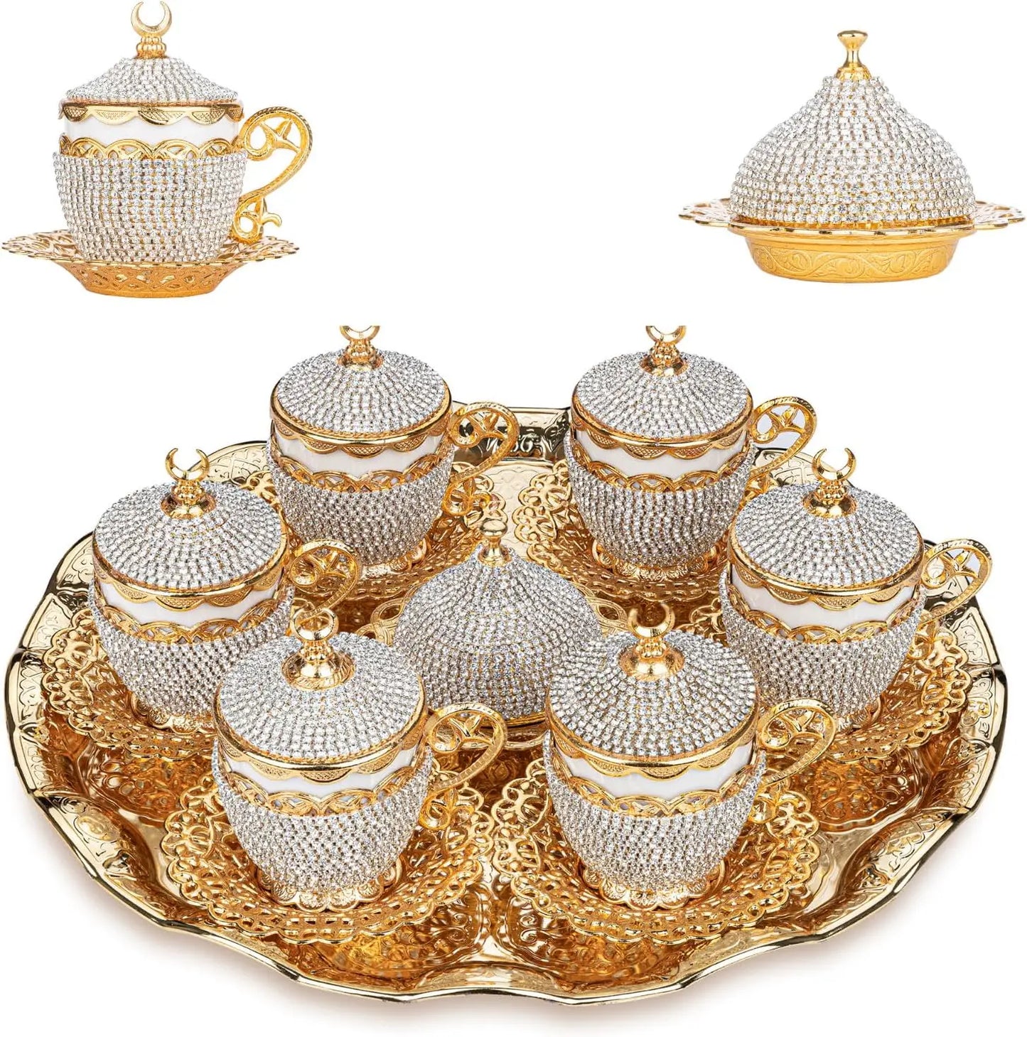 Crystal Gold Turkish Greek Arabic Espresso Cups and Saucers Set